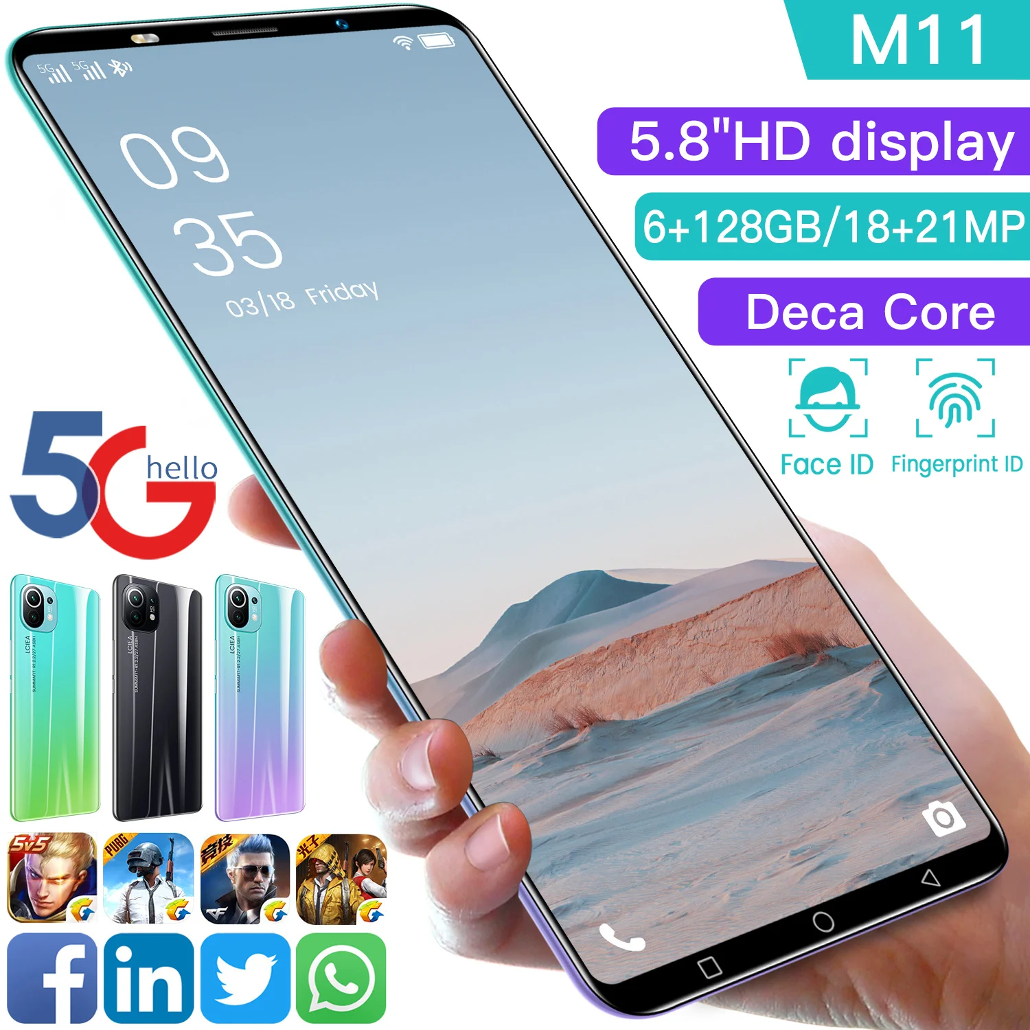 

2021 New M11 5.8inch Full Screen Phone 18MP+21MP MTK6898 8 core Cpu 4500mAH Android 10.0 Global Smartphones 5G Dual SIM Phone