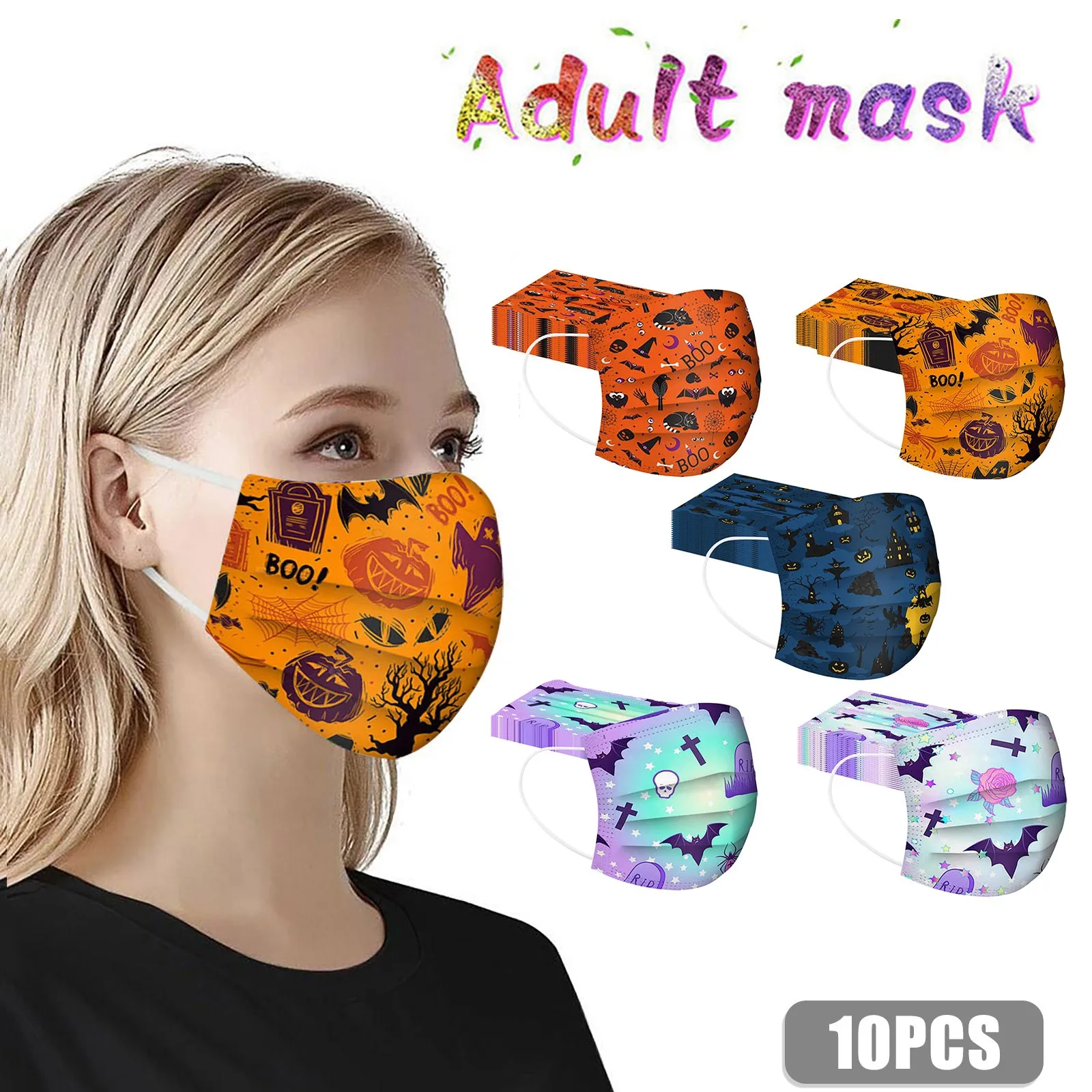 

Одноразовые маски с принтом на Хэллоуин, 10 шт., одноразовая маска для лица, маска для взрослых для мужчин, дышащая маска на Хэллоуин для коспл...