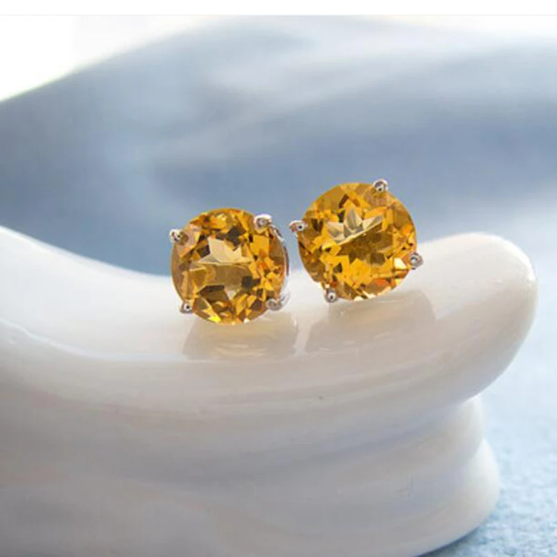 Женские серьги-гвоздики из серебра 925 пробы с натуральным цитрином в подарок на