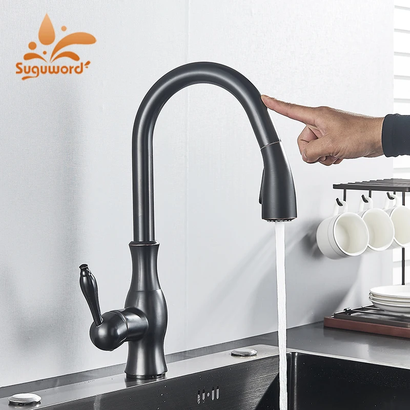 

Suguword Sensor Kitchen Faucet Pull Out Spout Smart Touch Black Bronze Hot and Cold Water Mixer Tap Sensitive Crane