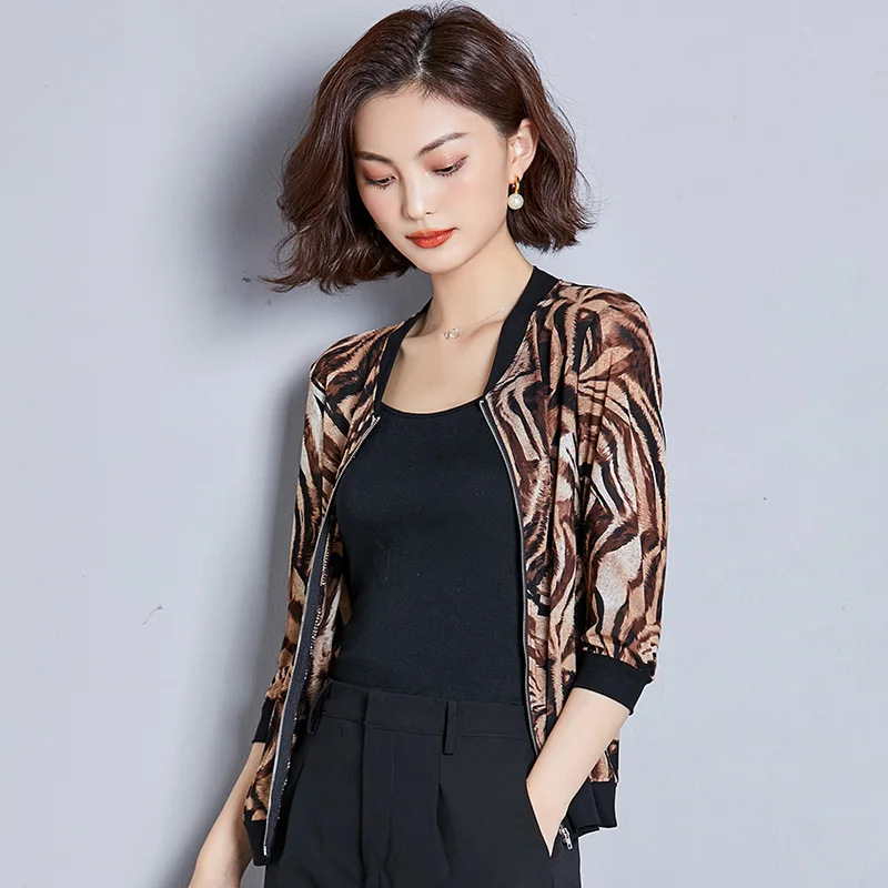 Striped Print Khaki Женские куртки, большие размеры, короткие женские пальто на молнии, 3/4 рукав, в горошек с цветочным принтом, леопардовые весенне-осенние пальто, женская куртка-бомбер - Цвет: Striped Print Khaki