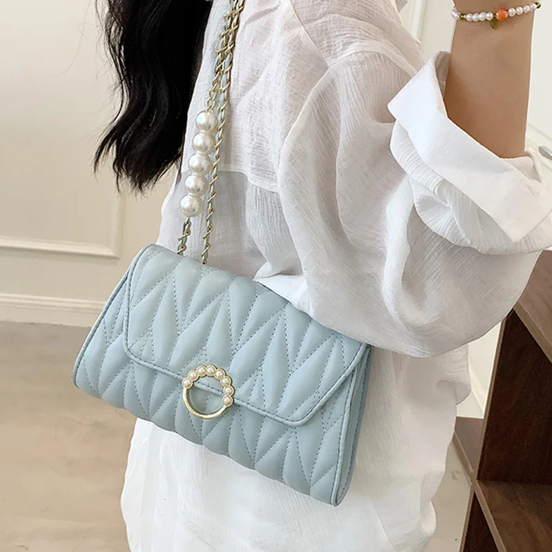 

2021 Luxury Women Pearl Chain Handbags Designer Blue Flap Shoulder Bags Evening Clutch Bags Soft Leather Messenger Crossbody Bag