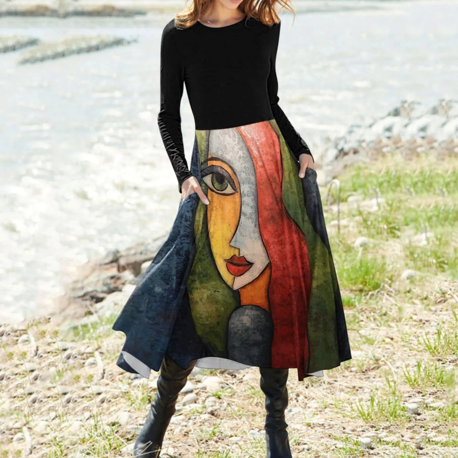 

Women Party Retro elegant Dress Hepburn style Vintage Dress Women's Long-sleeved Round Neck Print Skirt Midi Dress Ropa Mujer