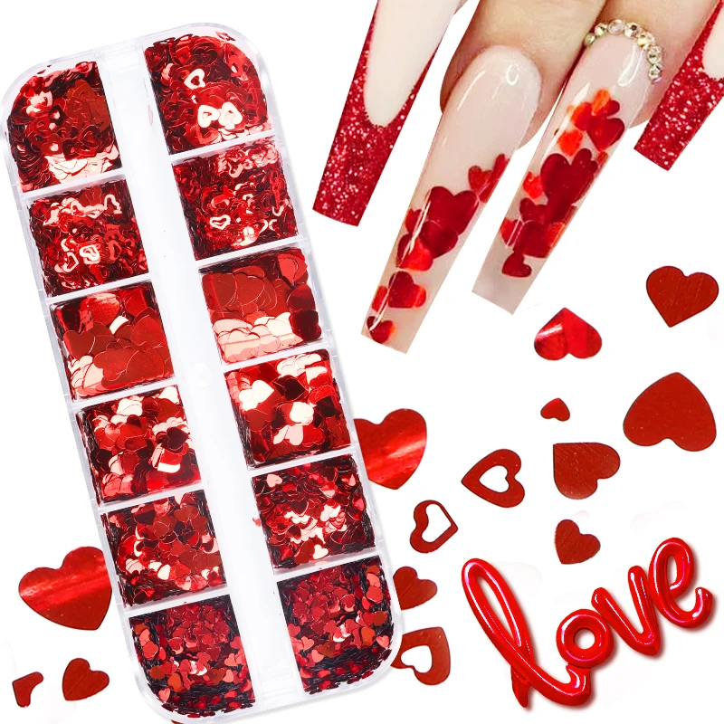 

12 Grid Mixed Shapes Valentine's Day Nail Sequins Red Love Heart Glitter Flakes Manicure Design Nail Art Decoration Accessories