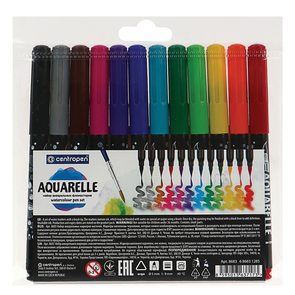 Маркеры-кисти акварельные 12 ЦВЕТОВ CENTROPEN &quotAquarelle" линия письма 1-9 мм 8683 12ET 6 1201 |
