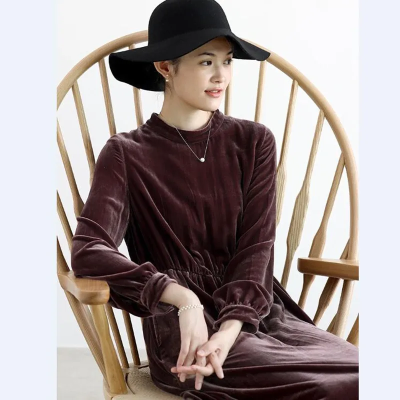 

Женское велюровое платье, винтажное однотонное велюровое платье с воротником-хомутом, зима вечернее платье с длинным рукавом