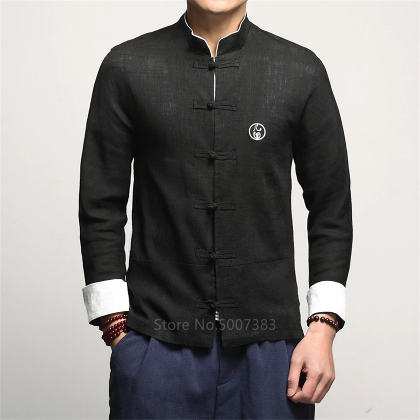 

Traditional Chinese Clothing for Men Vintage Full Sleeve Collar Linen Shirts Tang Suit Hanfu China Style Top New Year Clothes