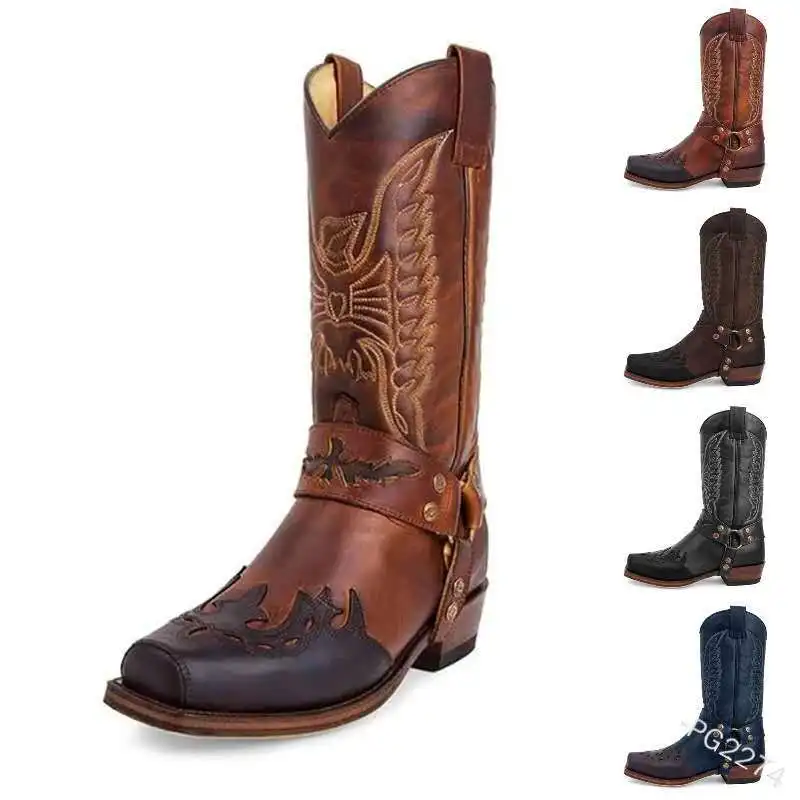 

2021 New Women Vintage Leather Embroidery Western Cowboy Boots Motorcycle Martin Botas for Female Autumn Winter Cowgirl Booties