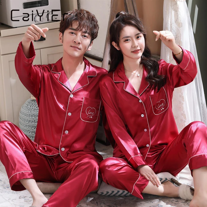 CAIYIER Silk Satin Couple Pajamas Set Soild Embroidery Love Sleepwear Winter Long Sleeve Loungewear Women & Men Nightwear M-3XL