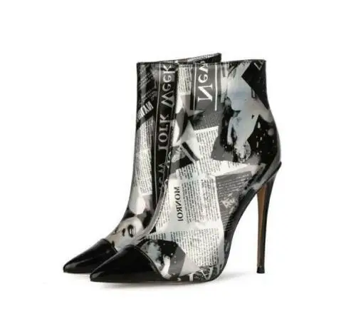 

Womens Fashion Pointed Toe Newspaper Printed Stiletto Heel Ankle Boots Shoes C30