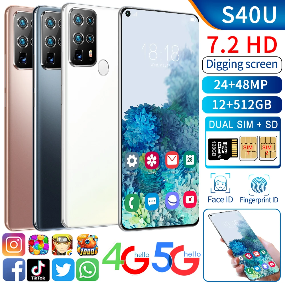 

S40U Fingerprint Unlock 8+256GB 7.2 Inch Big Screen 5800mAh Mobile Phone Global Version 2021 24+48MP Deca Core Smartphones