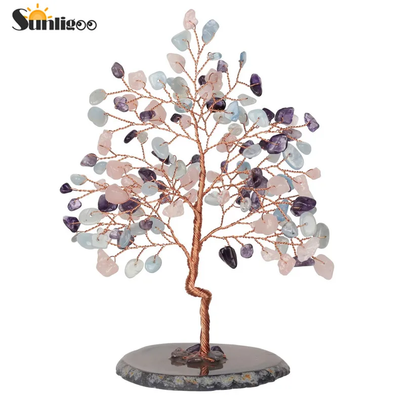1x Mixed Stone 2 Sunligoo натуральный кристалл денежное дерево фэн-шуй Хрустальная скульптура дерево Статуэтка Исцеление драгоценный камень Дерево жизни орнамент домашний декор - Цвет: 1x Mixed Stone 2