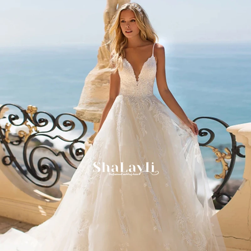 

Lace boho wedding dress sling simple bridal dresses sleeveless elegant lace tailing a line big skirt custom made