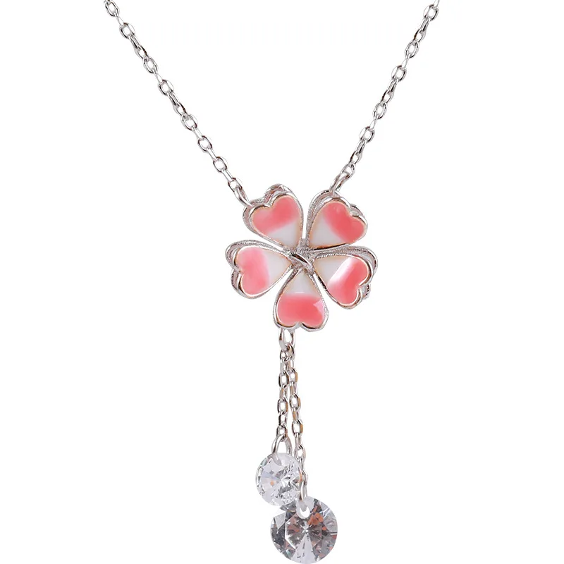 

925 Sterling Silver Tassel Cherry Blossoms Charm Pendant Choker Necklace For Girl Women Statement Wedding Jewelry dz591