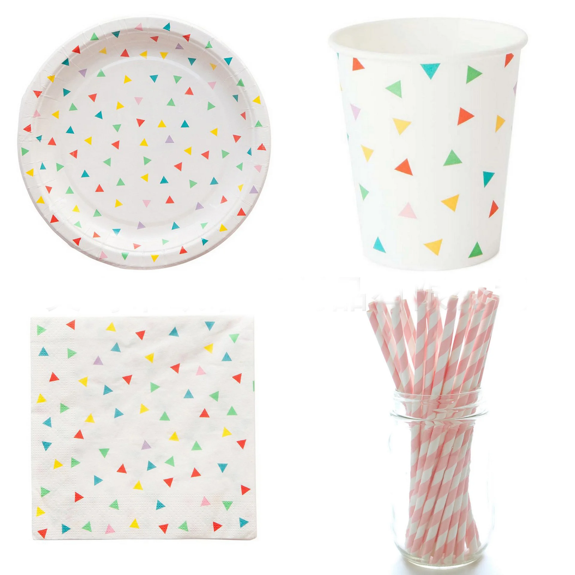 

Colorful Triangle Party Disposable Tableware Set Paper Cups Plates Tableware Decor for Family Dinner Birthday Party Supplies