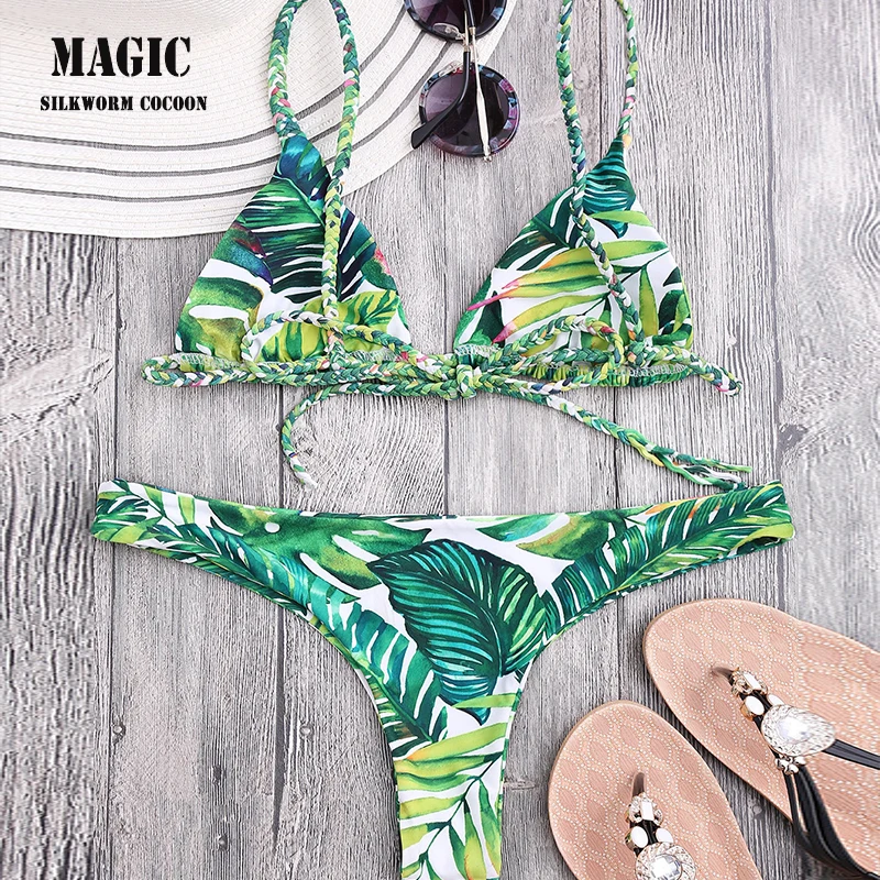 Женское двустороннее бикини с принтом зеленых листьев пикантный Плетеный