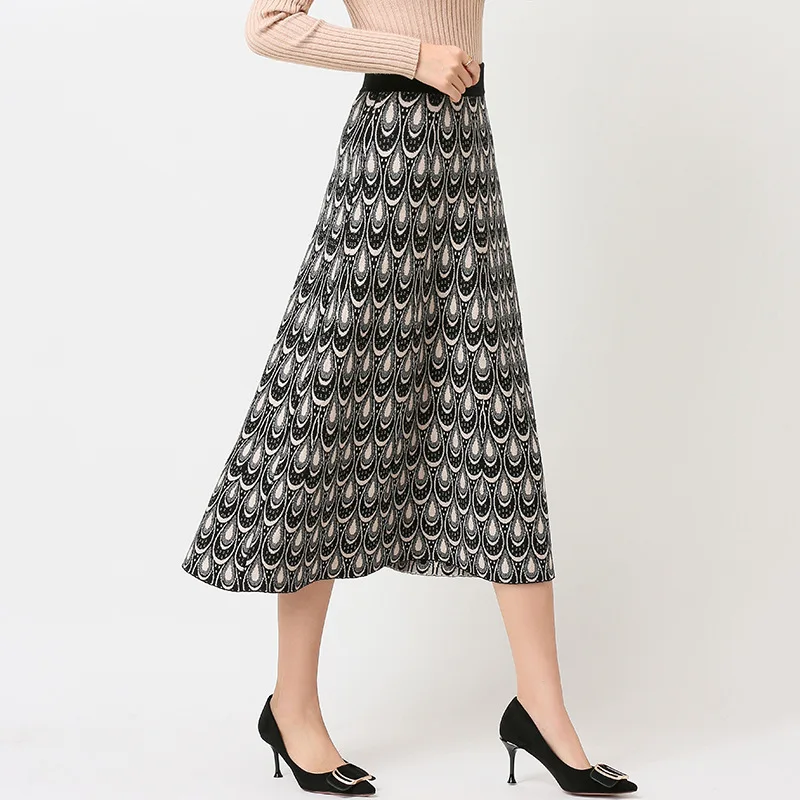 Женская осенне-зимняя вязаная юбка LS217 с высокой талией и узором павлина | одежда
