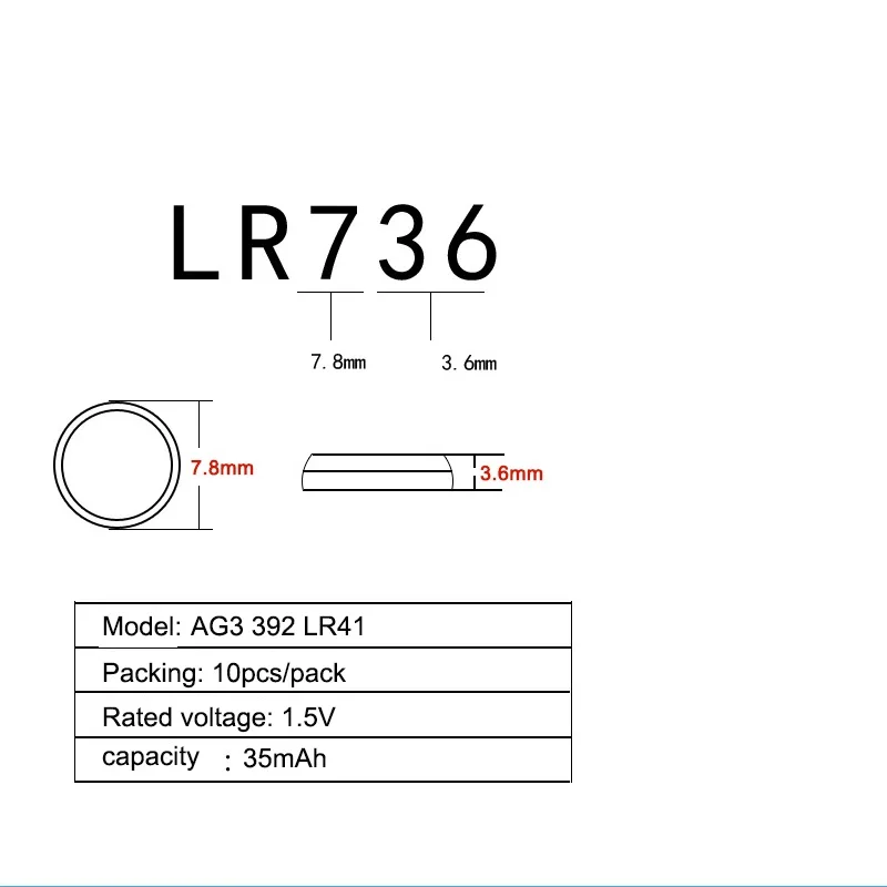 100 шт./лот LR41 AG3 1,5 V Щелочная батарейка-кнопка SR41W 392 192 GP192A LR736 для фонарей игрушки часы монета батарейки-таблетки