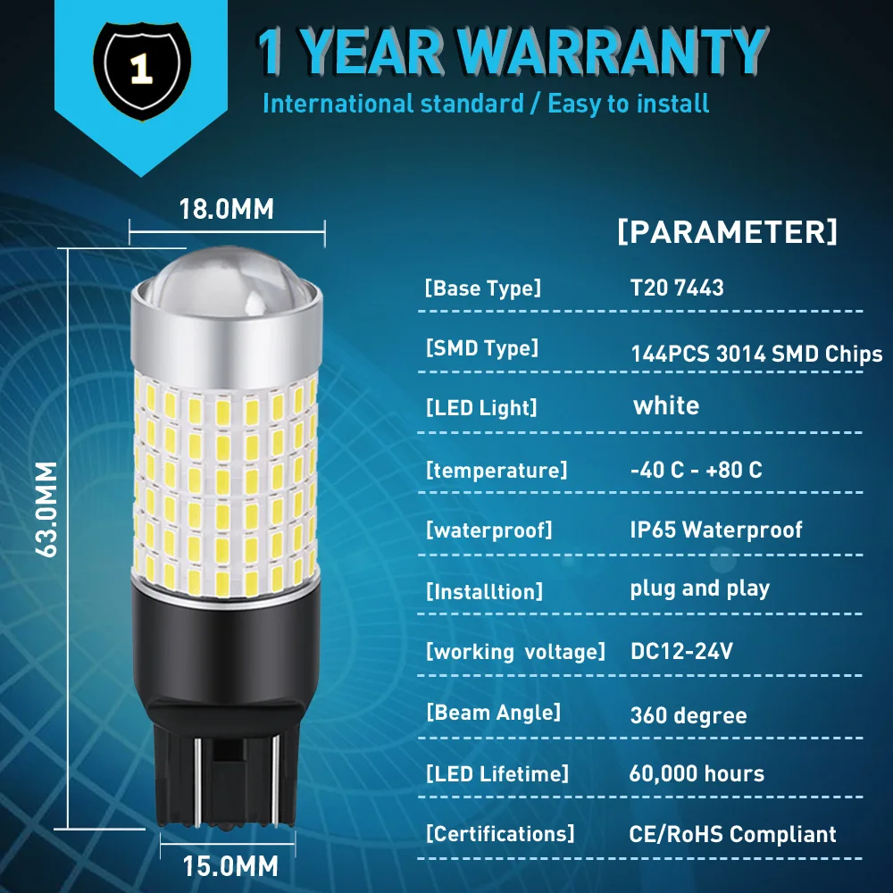 2X T20 7443 светодиод шина для автомобиля CAN свет 3014 144 SMD Автомобильные указатели