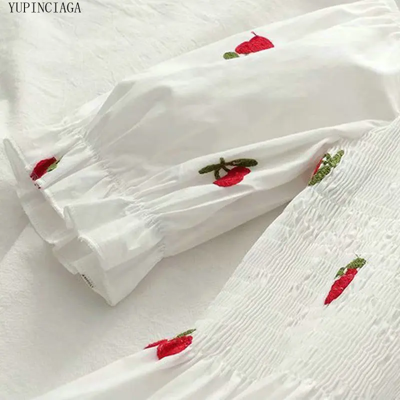 

Womens Tops And Blouses Small Fresh Fruit Embroidery Slash Neck Collar Short Short-sleeved Shirt 2020 Summer Women Shirts S-XL