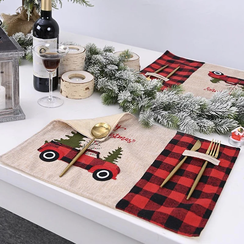 

4Pcs Christmas Placemat Non Slip Heat Resistant Plaid Table Mat Desktop Decoration Placemat
