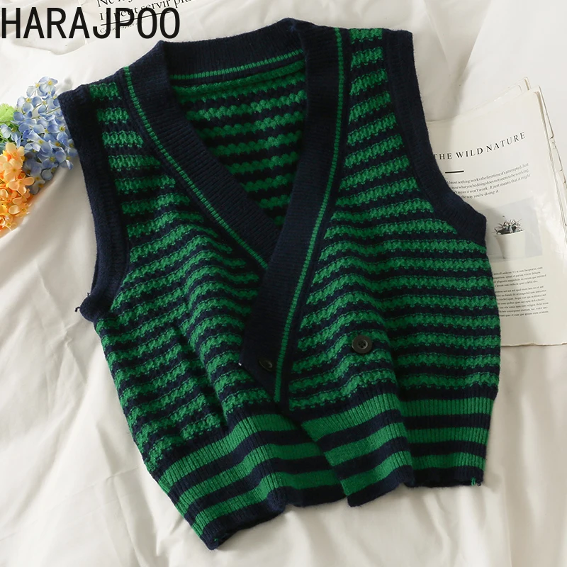 

Harajpoo Female Waistcoat Ins Irregular Striped Two Button Sweater Vest Women Autumn Cropped Sleeveless Wild V Neck Tank Top