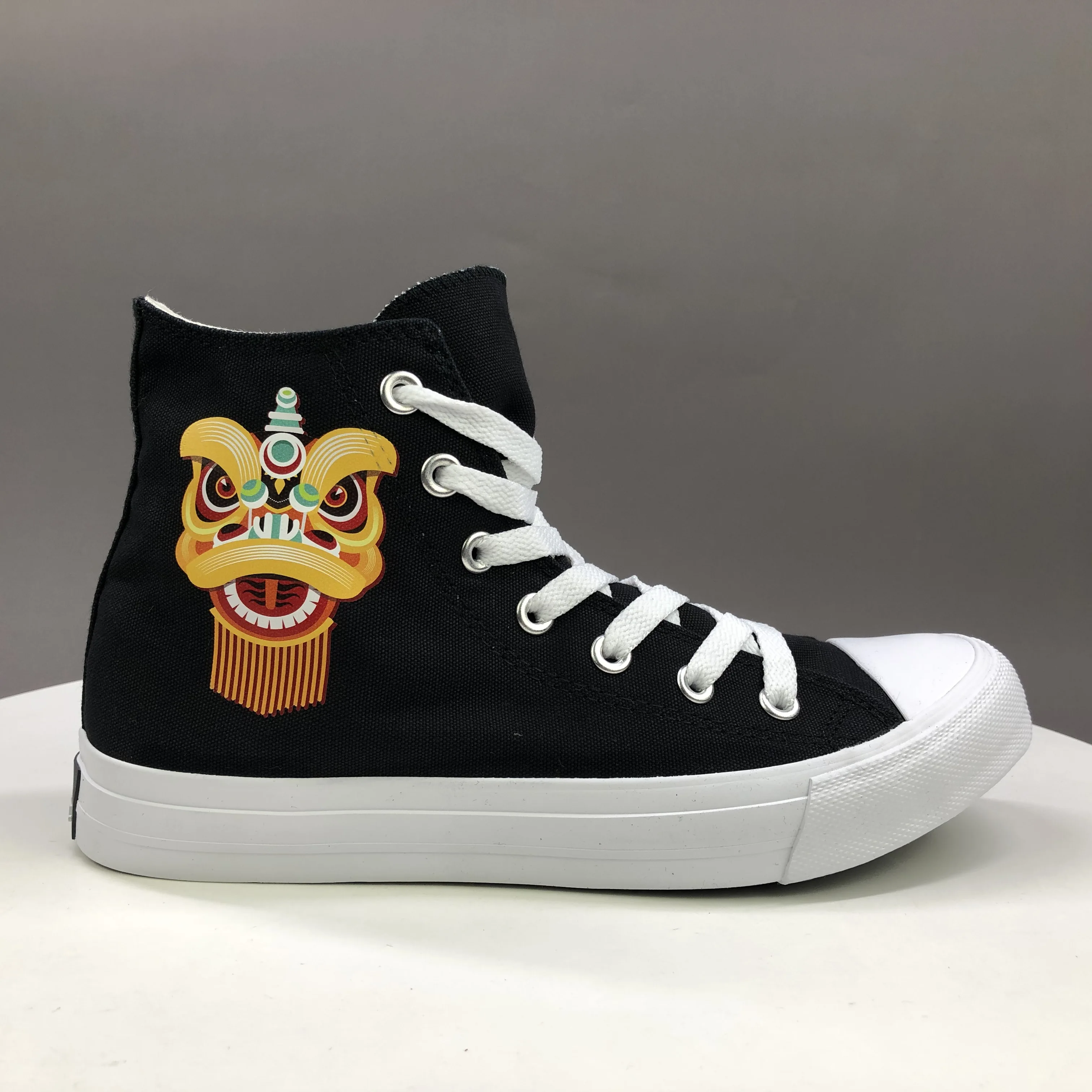 

Wen Design Chinoiserie lionhead Traditional New Year Lion Canvas Sneakers Women Black High Top Men Walking Sports Shoes White