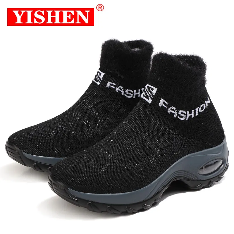 

YISHEN Winter Women Boots High Increasing Breathable Mesh Sock Shoes Fitness Outdoor Sport Black Ladies Sneakers Botas Mujer