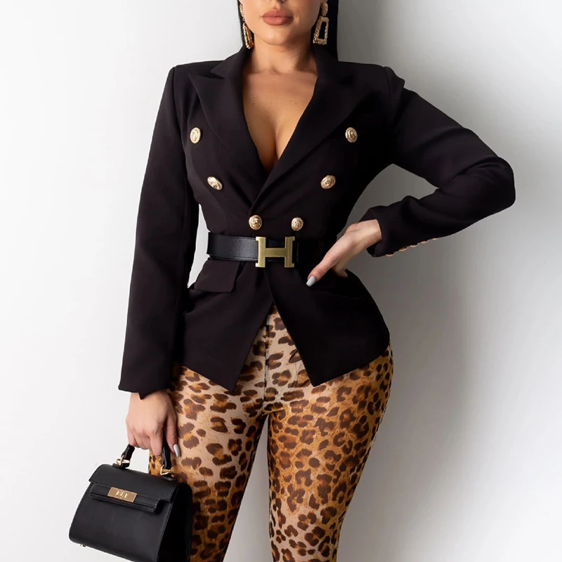 

Long Sleeve Turn Down Collar Blazer Jacket Coats Women Double Breasted Solid Slim Suit Jacket Autumn FashionTops No Belt