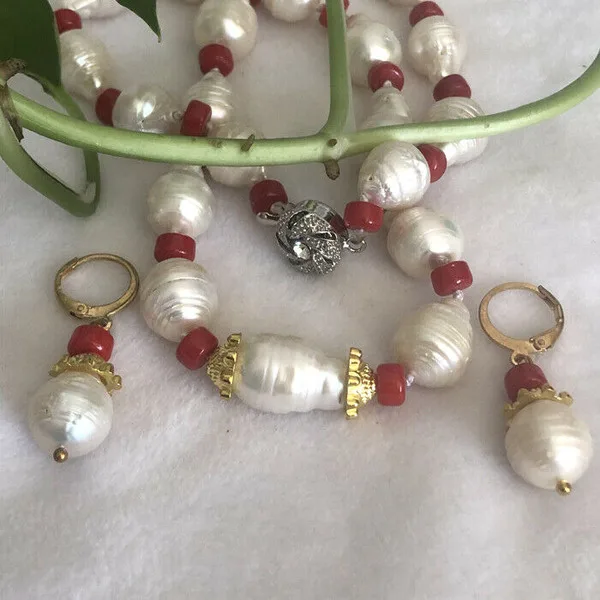 

13x16mm White Nucleated Baroque Pearl & red Coral Round Gems Necklace + earrings