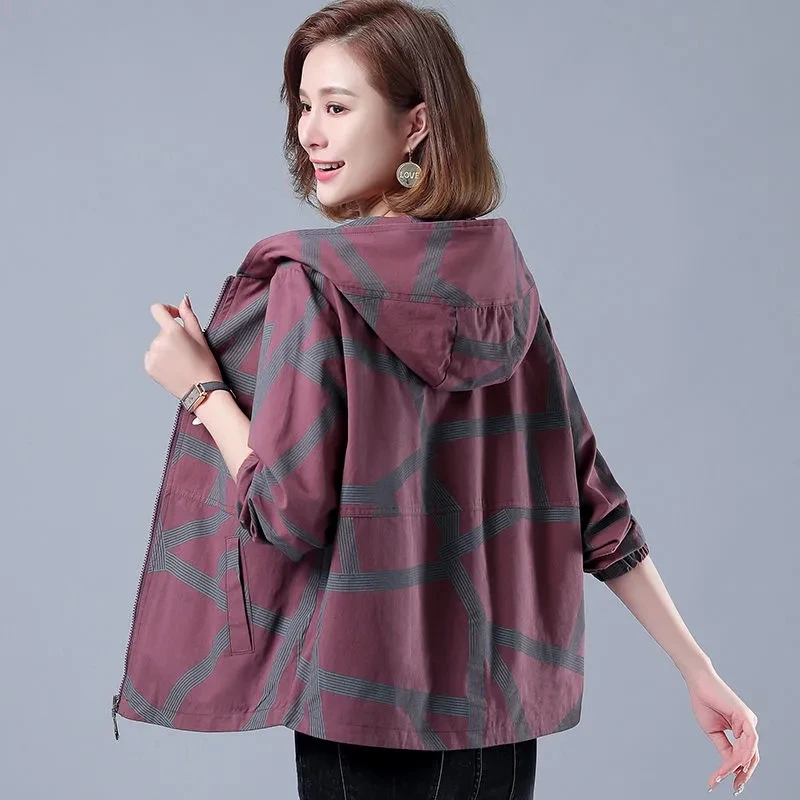 

Print Lining Short Jacket Female Middle Aged Elderly Women's Spring Autumn Korean Loose Jacket Hooded Mother Tops Plus Size W71