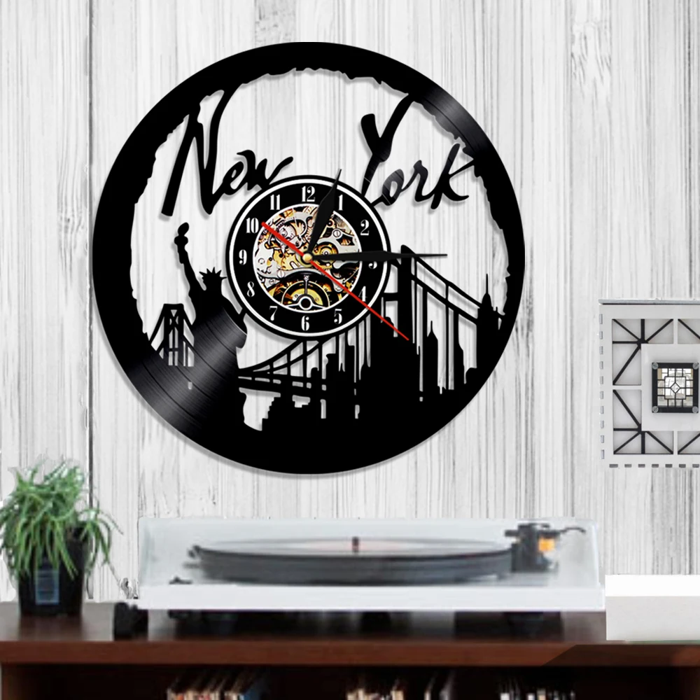 Нью Йорк настенные часы городской пейзаж виниловая Запись Современный горизонт