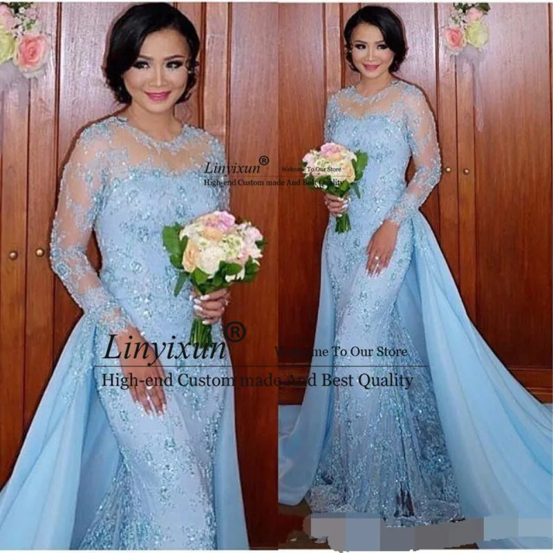

2020 Light Blue Long Sleeves Mermaid Evening Dresses Appliques Lace Formal Evening Gowns With Detachable Skirt Vestidos Arabic