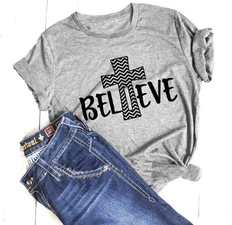 

Believe Cross LADIES Graphic Jesus Christian graphic vintage believer religion t-shirt unisex fashion faith tee gift tops- K875