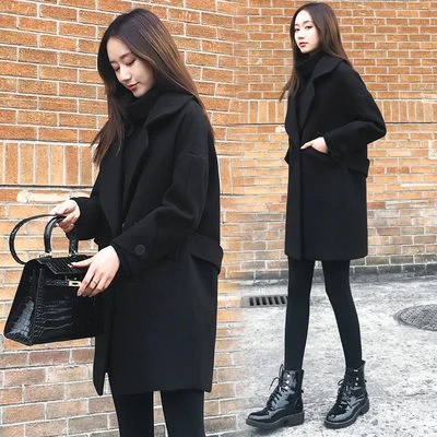 

season autumn and winter new fat mm Korean loose black woolen coat medium long woolen coat women's fashion