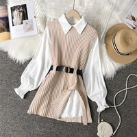 2021 spring autumn womens lantern sleeve shirt knitted vest two piece sets of college style waistband vest two sets top y900