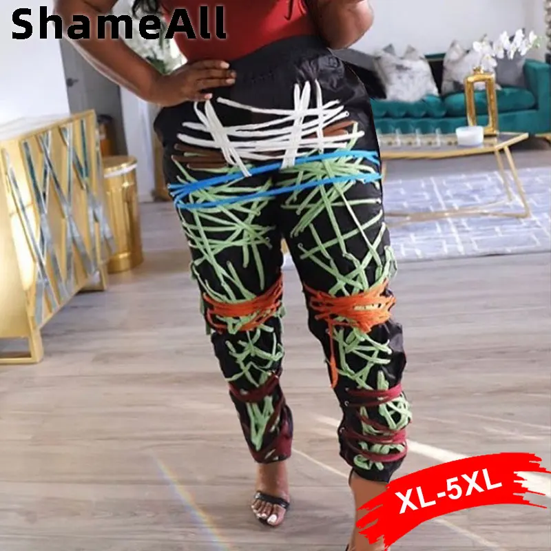 

Plus Size Cross Bandage Jogger Pants 4XL Streetwear Color Block Lace Up Patchwork Straight Jeans Sweatpants Women Baggy Pants