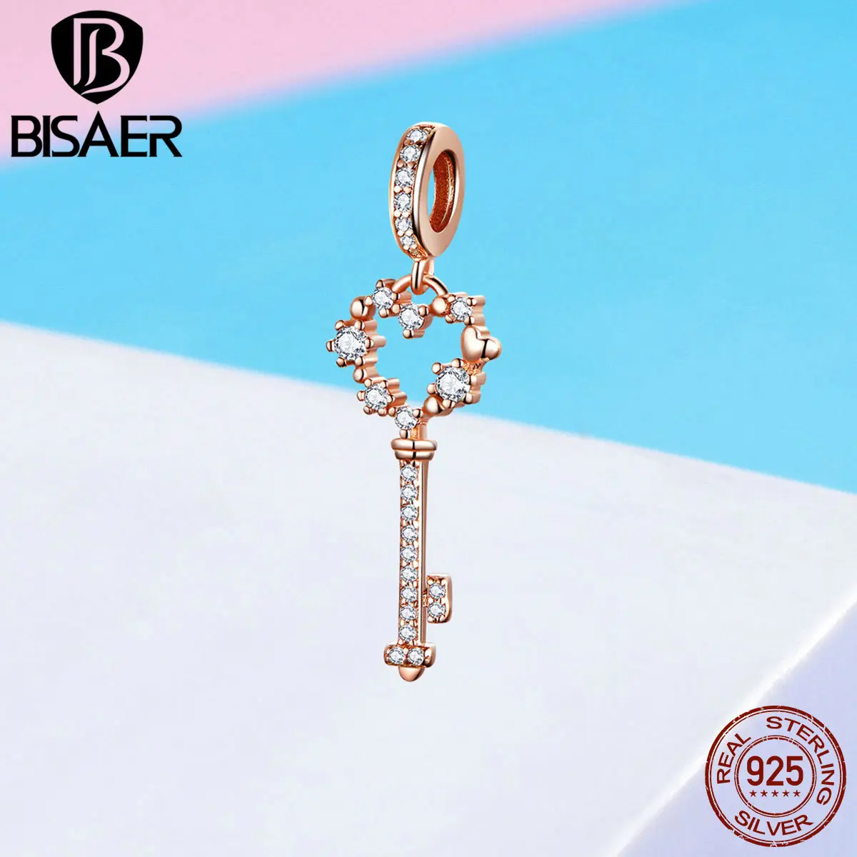 BISAER 925 пробы Серебряное сердце подвеска в форме ключа для шарма браслет и ожерелье цвета розового золота модные ювелирные изделия GXC1122