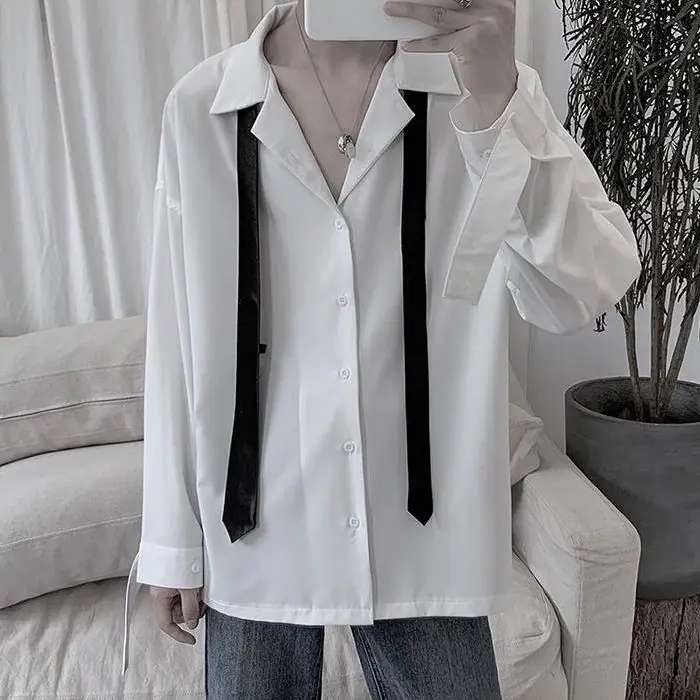 Черная рубашка Женская однотонная свободная с длинным рукавом модная винтажная