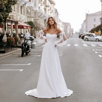 modern sweetheart wedding dress 2022 long puff sleeves tulle backless a line satin sweep train bridal gown vestidos de novia