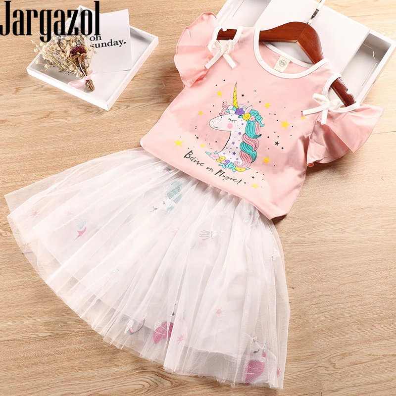 

Комплект одежды Jargazol для девочек, летний топ с открытыми плечами и сетчатая юбка с вышивкой единорога, детская одежда