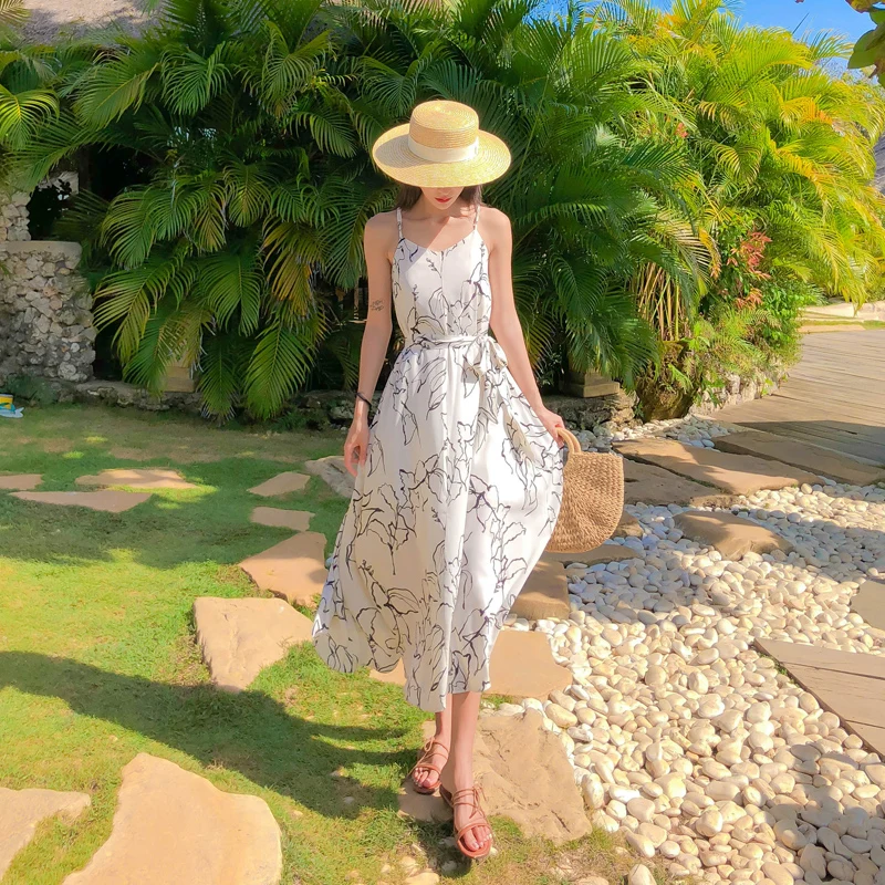 

With Belt Runway Tropical Beach Sundress Long Women Printed White Chiffon Strap Dress Summer Elegant Casual Party Vacation Dress