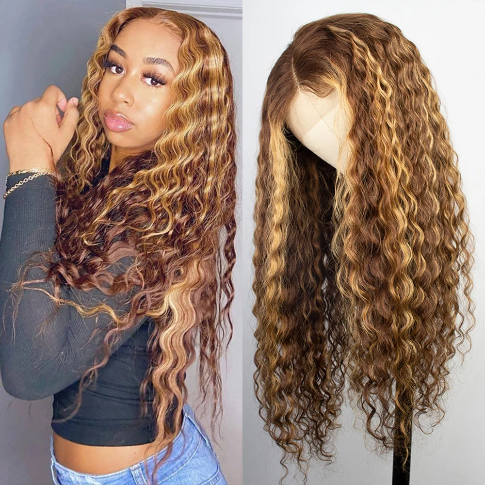 

Highlight Wig Human Hair Curly Deep Water Wave Frontal Wigs for Black Women Brazilian 13x1 T Part Honey Blonde Lace Front Wig