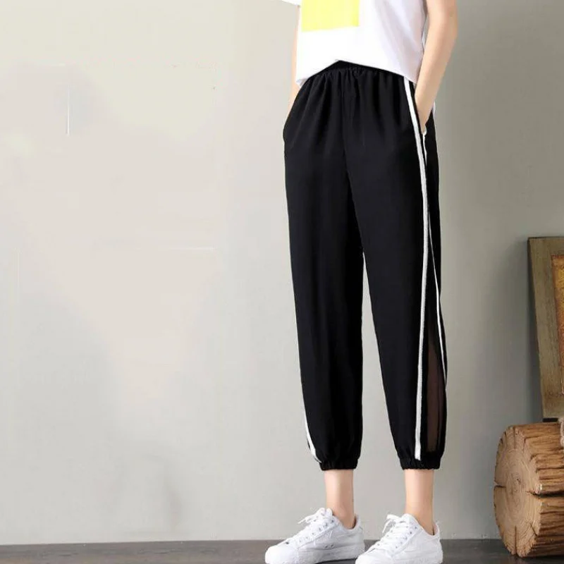Plus Size 4xl Ankle Length Pants Joggers Women Lace Spliced Harem Solid Black Harajuku Streetwear Elastic High Waist | Женская одежда