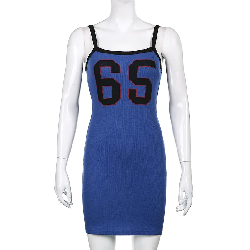 

Y2K EGIRL Vintage 90s Number Print Blue Short Dress Summer 2021 Y2K Fashion Backless Bodycon Cami Dress Harajuku Streetwear New