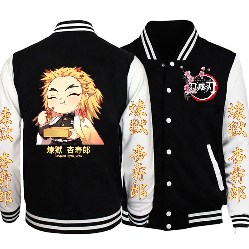 

Demon Slayer Anime Bomber Jackets Women Men's Couple Baseball Jacket Coat Chibi Rengoku Eating Men Varsity Coat Streetwear Male