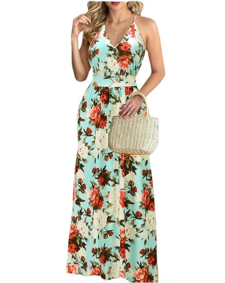 

Женское платье-макси с цветочным принтом, V-образным вырезом и открытой спиной