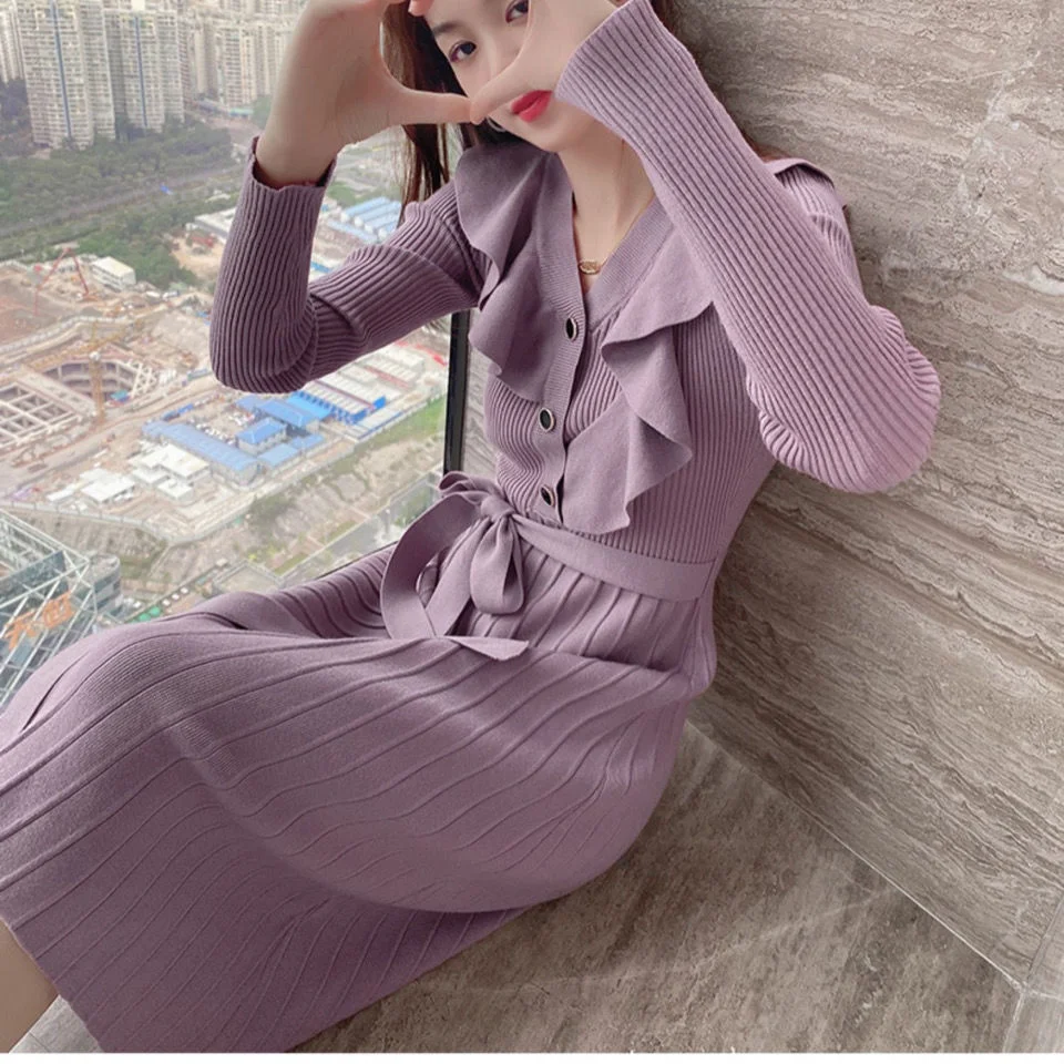 Осенний вязаный Повседневный свитер пуловер платье для женщин с поясом теплый