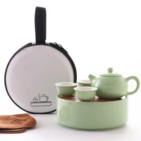 Japanese style ceramic travel tea set household simple portable bag Kungfu outdoor 1 pot 3 cups tea plate tray