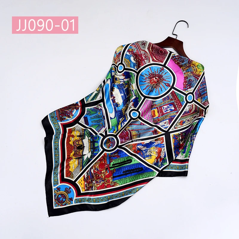 JJ090-01 90*90 см квадратный шарф для женщин, подходит ко всему, элегантные цветочные шарфы для волос, Женская бандана, весна-осень, атласные шелковые шарфы, шаль - Цвет: JJ090-01